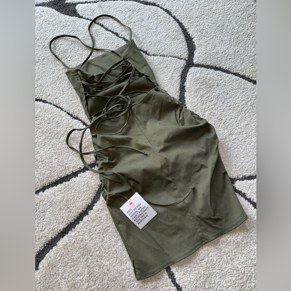 ASOS DESIGN lace-up back structured mini dress with
square neck in khaki - Picture 5 of 8